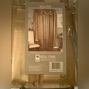 Gold Stripe Curtain Panels.  One pair 104” wide x 84” long. 100 % polyester.